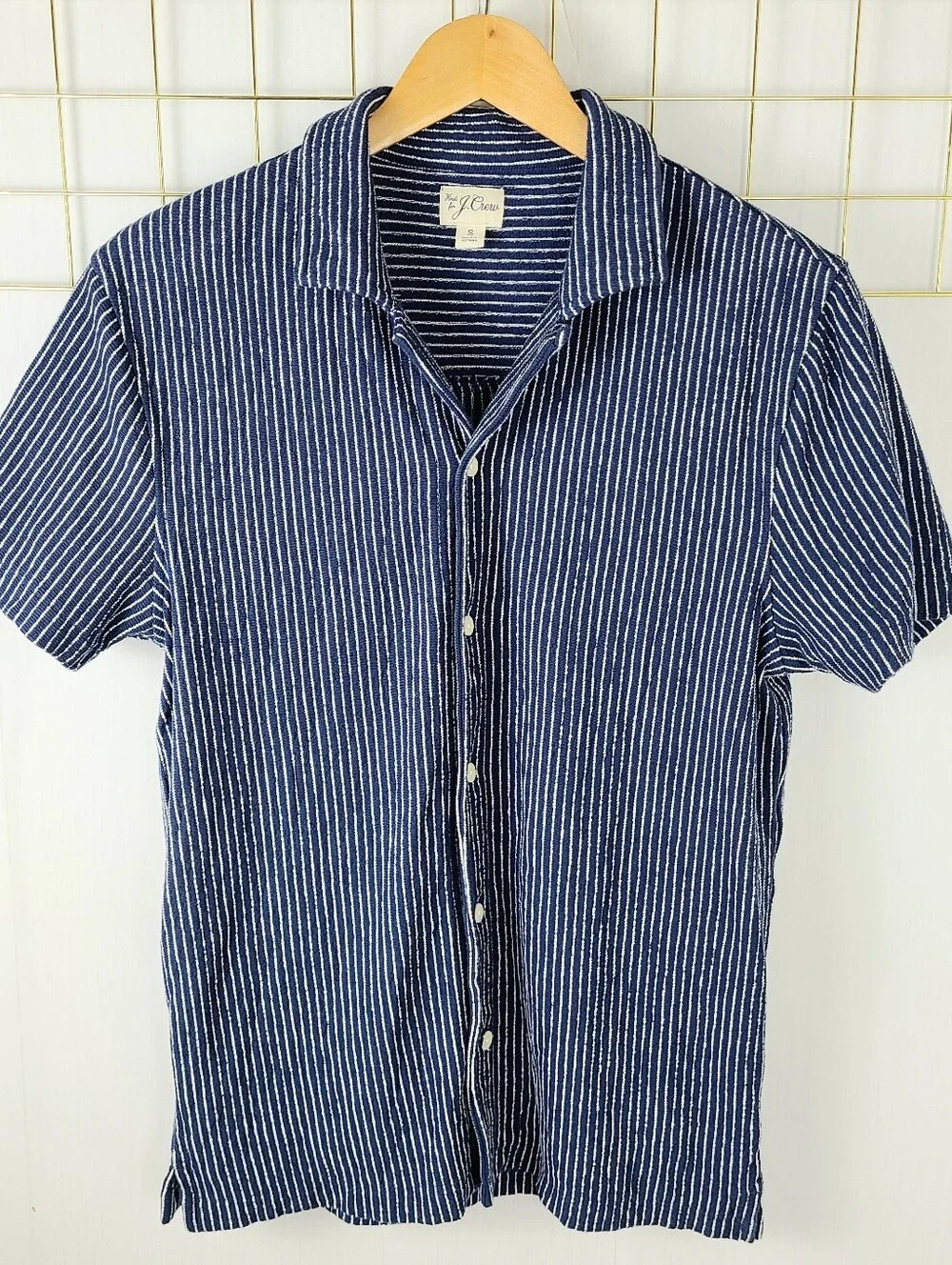 J. Crew Knit Blue Ivory Feeder Stripe Short Sleeve Button-Down Shirt
